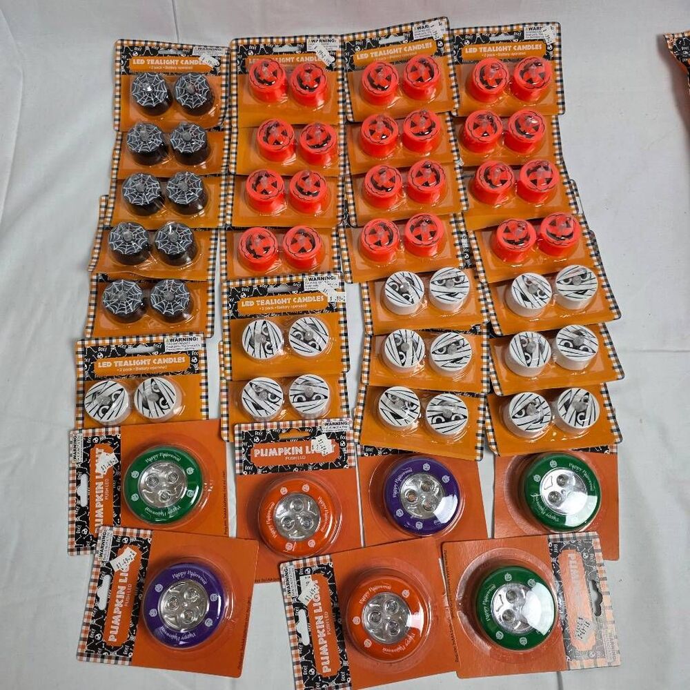 Halloween LED Light Lot – Pumpkin, Mummy & Spider Web Tealight Candles + Push Li